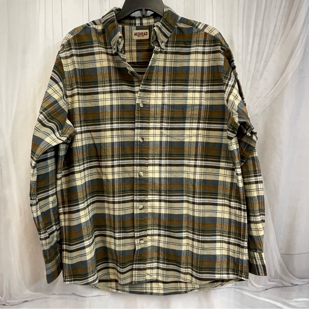 RedHead Men's Plaid Button-Down Shirt Green Brown Tan Flannel Long Sleeve L Lrg